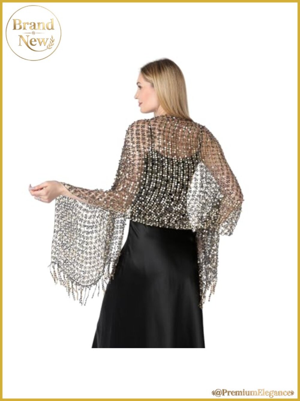 Sequin Mesh Shawl Fringed Evening Wrap Formal Wedding Cape
